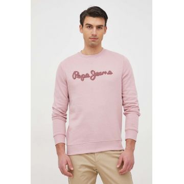 Pepe Jeans hanorac de bumbac Ryan Crew barbati, culoarea roz, cu imprimeu