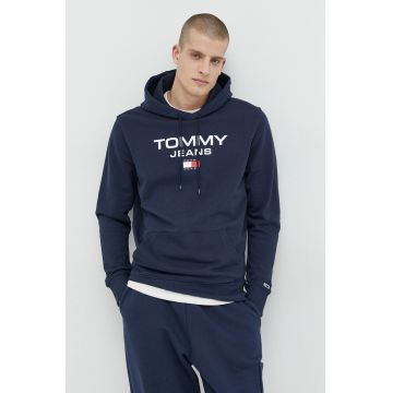 Tommy Jeans hanorac de bumbac barbati, culoarea albastru marin, cu glugă, cu imprimeu
