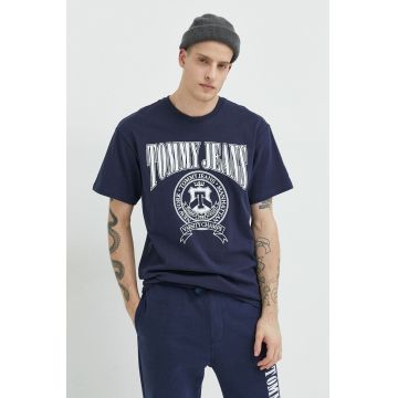 Tommy Jeans tricou din bumbac culoarea albastru marin, cu imprimeu