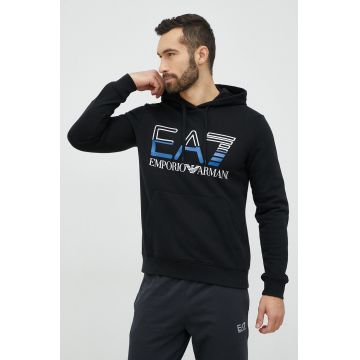 EA7 Emporio Armani bluza barbati, culoarea negru, cu glugă, cu imprimeu