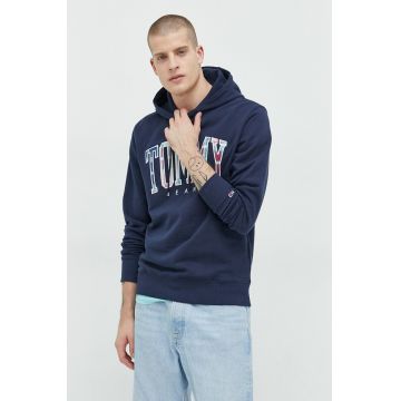 Tommy Jeans hanorac de bumbac barbati, culoarea albastru marin, cu glugă, cu imprimeu