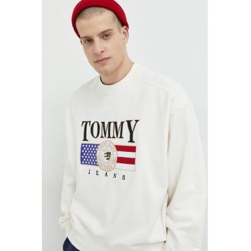 Tommy Jeans hanorac de bumbac barbati, culoarea bej, cu imprimeu