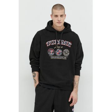 Tommy Jeans hanorac de bumbac barbati, culoarea negru, cu glugă, cu imprimeu