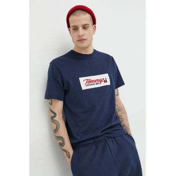 Tommy Jeans tricou din bumbac culoarea albastru marin, cu imprimeu