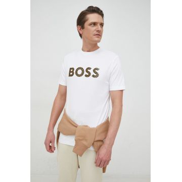 BOSS tricou din bumbac culoarea alb, cu imprimeu