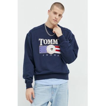 Tommy Jeans hanorac de bumbac barbati, culoarea albastru marin, cu imprimeu