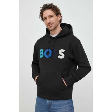 BOSS hanorac de bumbac BOSS CASUAL barbati, culoarea negru, cu glugă, melanj