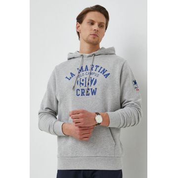 La Martina bluza barbati, culoarea gri, cu glugă, cu imprimeu