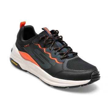 Pantofi sport SKECHERS negri, GLOBAL JOGGER , din material textil si piele naturala