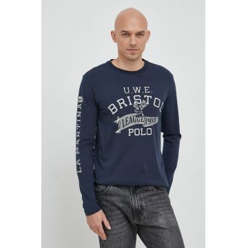 La Martina longsleeve din bumbac culoarea albastru marin, cu imprimeu