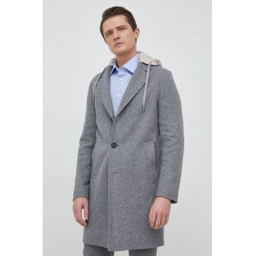 BOSS palton din lana culoarea gri, de tranzitie, oversize