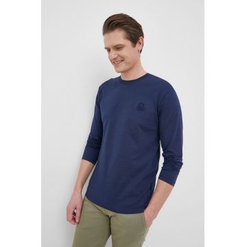 United Colors of Benetton longsleeve din bumbac culoarea albastru marin, neted