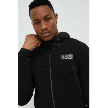 EA7 Emporio Armani bluza barbati, culoarea negru, cu glugă, cu imprimeu
