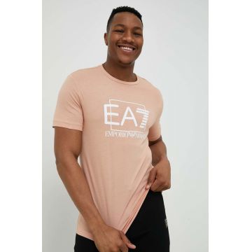 EA7 Emporio Armani tricou din bumbac culoarea maro, cu imprimeu