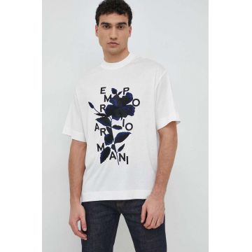 Emporio Armani tricou barbati, culoarea alb, cu imprimeu