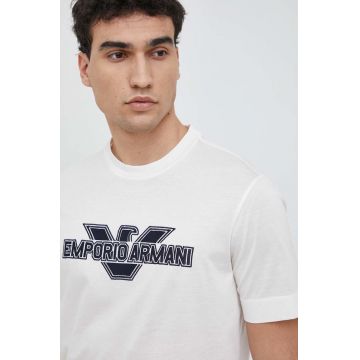 Emporio Armani tricou din bumbac culoarea bej, cu imprimeu