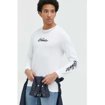 Hollister Co. longsleeve din bumbac culoarea alb, cu imprimeu