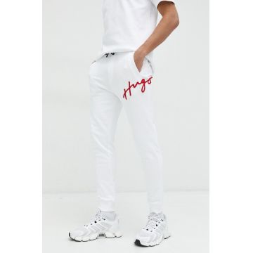 HUGO pantaloni de trening din bumbac barbati, culoarea alb, cu imprimeu