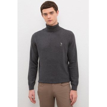 Pulover tricotat fin cu guler inalt - Gri inchis