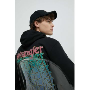 Wrangler hanorac de bumbac barbati, culoarea negru, cu glugă, cu imprimeu