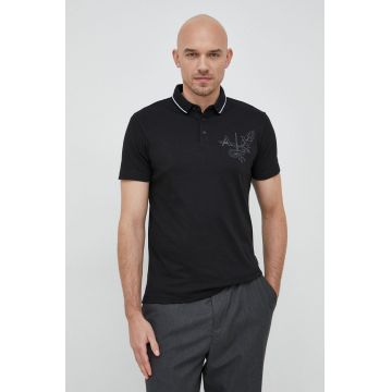 Armani Exchange tricou polo barbati, culoarea negru, cu imprimeu
