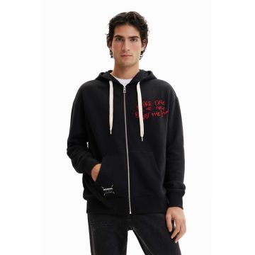 Desigual bluza barbati, culoarea negru, cu glugă, cu imprimeu