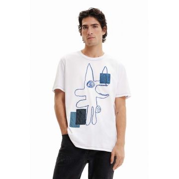 Desigual tricou din bumbac culoarea alb, cu imprimeu
