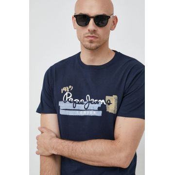 Pepe Jeans tricou din bumbac Rafa culoarea albastru marin, cu imprimeu