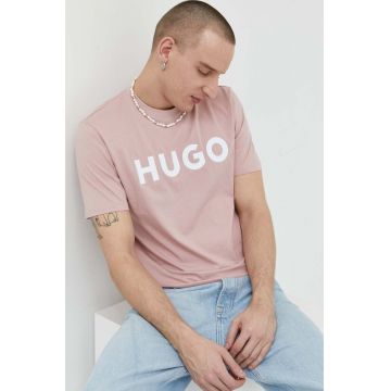 HUGO tricou din bumbac culoarea roz, cu imprimeu