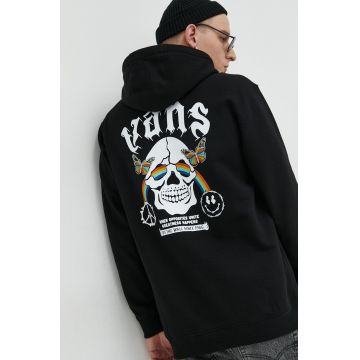 Vans hanorac de bumbac barbati, culoarea negru, cu glugă, cu imprimeu