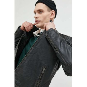 Superdry geaca de piele barbati, culoarea negru, de tranzitie