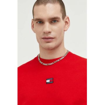 Tommy Jeans hanorac de bumbac barbati, culoarea rosu, cu imprimeu