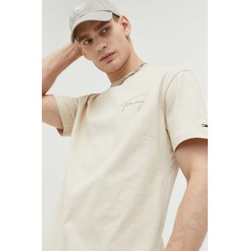 Tommy Jeans tricou din bumbac culoarea bej, melanj