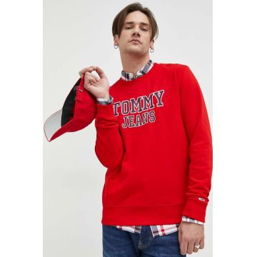 Tommy Jeans hanorac de bumbac barbati, culoarea rosu, cu imprimeu
