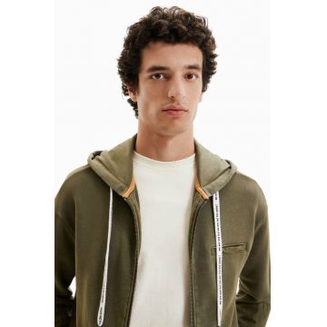 Desigual hanorac de bumbac barbati, culoarea verde, cu glugă, neted
