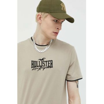 Hollister Co. tricou din bumbac culoarea bej, cu imprimeu