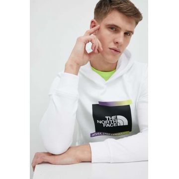The North Face bluza barbati, culoarea alb, cu glugă, cu imprimeu