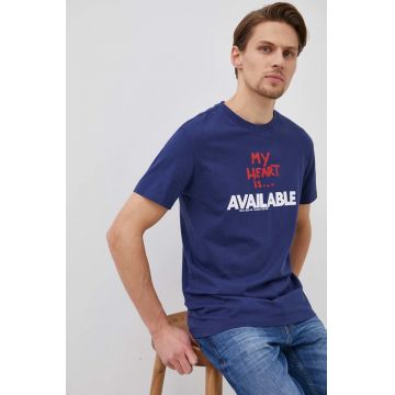 Desigual tricou din bumbac culoarea albastru marin, cu imprimeu