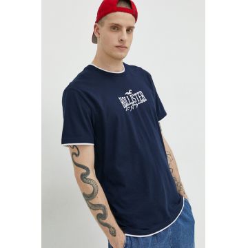 Hollister Co. tricou din bumbac culoarea albastru marin, cu imprimeu