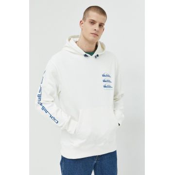 Quiksilver hanorac de bumbac barbati, culoarea alb, cu glugă, cu imprimeu