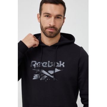 Reebok bluza barbati, culoarea negru, cu glugă, cu imprimeu