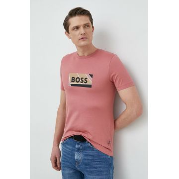 BOSS tricou din bumbac culoarea roz, cu imprimeu