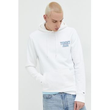 Tommy Jeans hanorac de bumbac barbati, culoarea alb, cu glugă, cu imprimeu