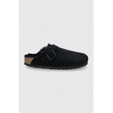 Birkenstock papuci din piele intoarsa Boston culoarea negru, 259883