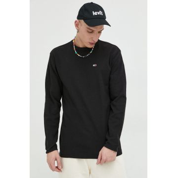 Tommy Jeans longsleeve din bumbac culoarea negru, neted