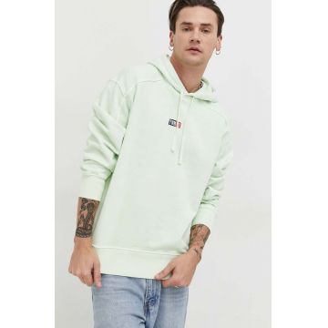 Tommy Jeans hanorac de bumbac barbati, culoarea verde, cu glugă, neted