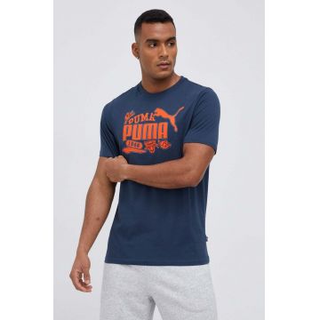 Puma tricou din bumbac culoarea albastru marin, cu imprimeu