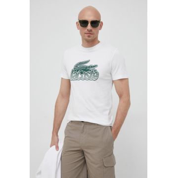 Lacoste tricou din bumbac culoarea alb, cu imprimeu