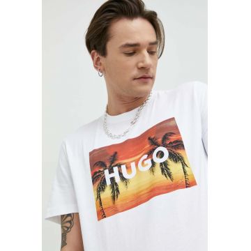 HUGO tricou din bumbac culoarea alb, cu imprimeu