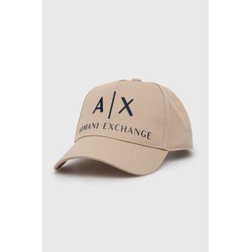 Armani Exchange șapcă din bumbac culoarea bej, cu imprimeu